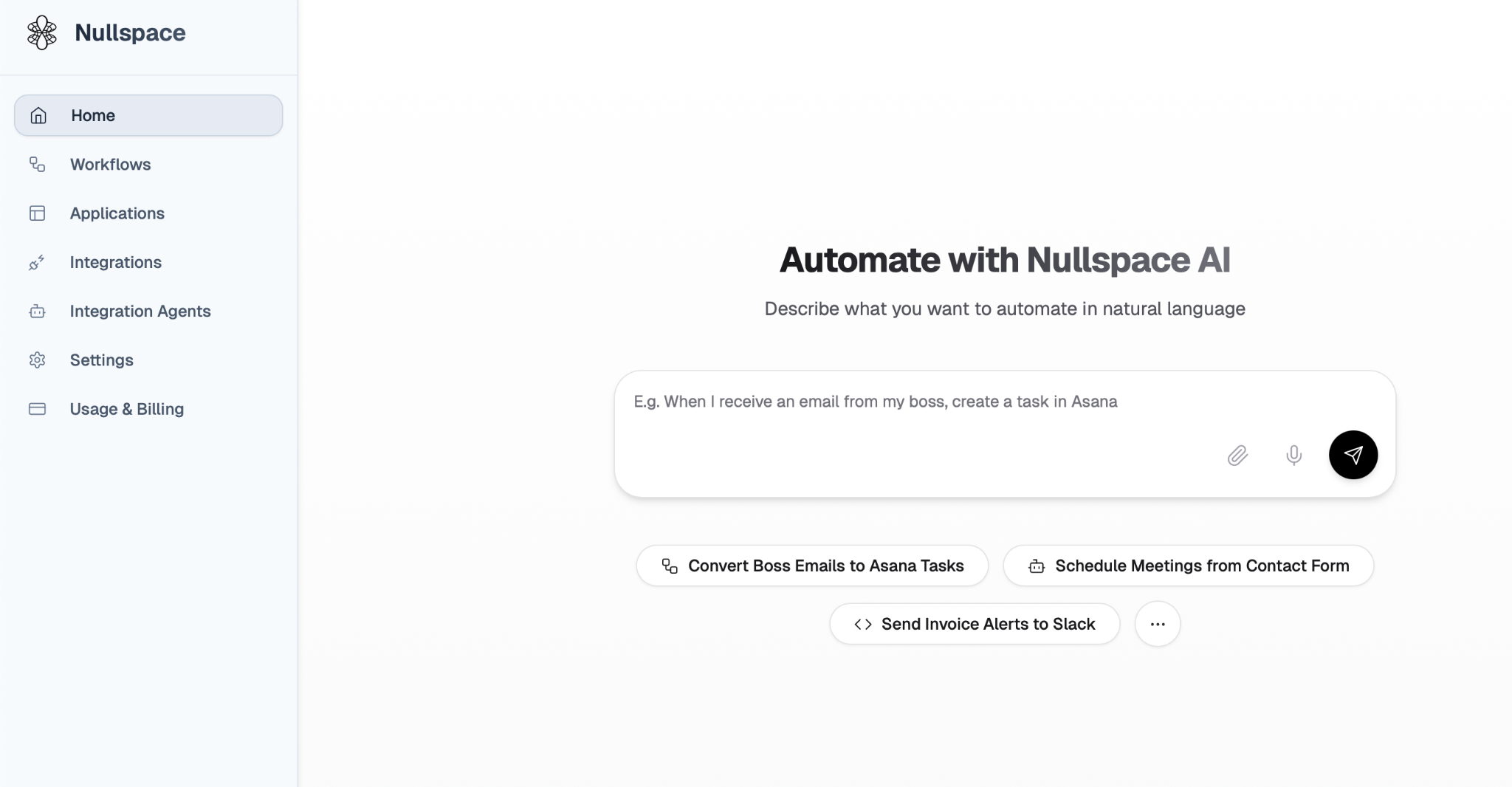 Home view with natural‑language input