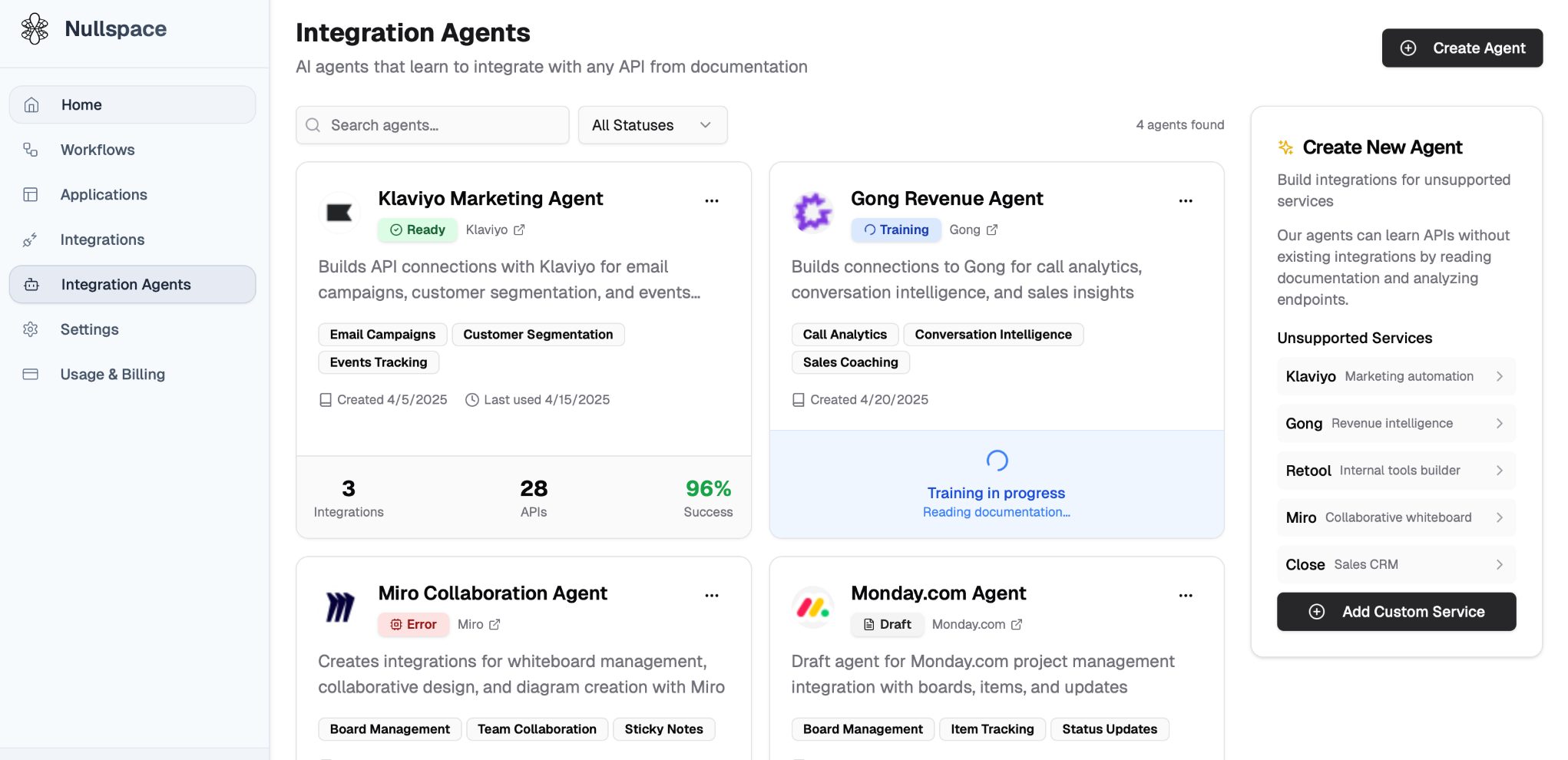 Integration Agents interface